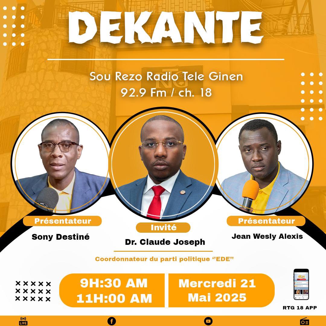 Demain matin à 9h30 <a href="/claudejoseph03/">Claude Joseph, Ph.D.</a> en direct sur RTG à l’émission Dekante
#Haiti #Ayiti