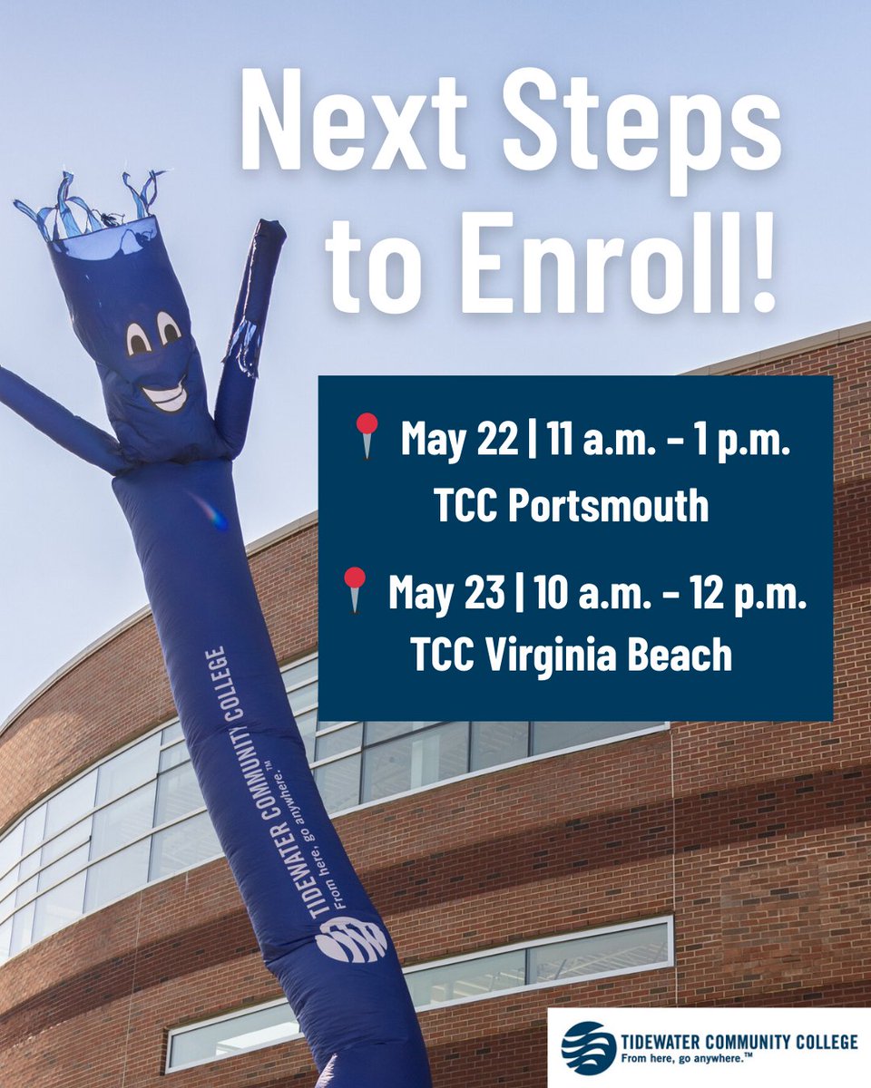 TCCva's tweet image. Discover your path at TCC! 🎓 Our Next Steps to Enroll events are the perfect opportunity to get personalized advising, help with enrollment, and key financial aid insights—all in one place. 📚✅

🌟 RSVP at tcc.edu/events/

#TCCva #TCCvb #HamptonRoads