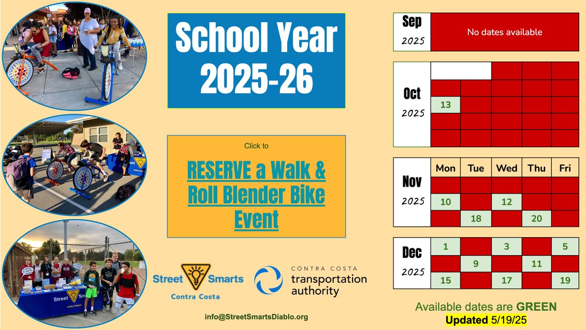RESERVE YOUR EVENT: Street Smarts is scheduling fall dates to bring free assemblies to elementary schools and free walk &amp; roll events to middle schools. Click a link below to see dates &amp; reserve:
ES Assembly: 511cc.org/assemblies
MS Walk &amp; Roll: 511cc.org/walkroll