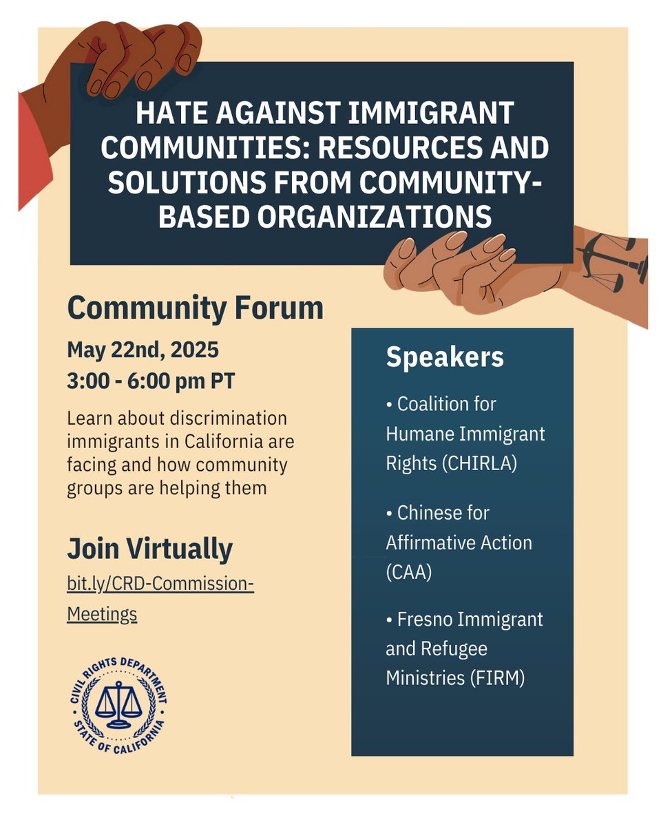 Join the California Commission on the State of Hate Thursday (5/22) and meet some of the community groups helping protect immigrants from hate. 

Details linked below ⬇️
bit.ly/CRD-Commission…
