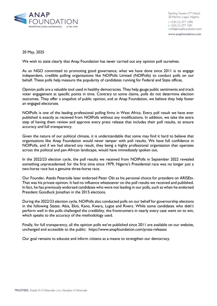 Let’s set the record straight. <a href="/anapfoundation/">Anap Foundation</a> has never conducted opinion polls ourselves. We only engage credible, independent firms like <a href="/NOIPolls/">NOIPolls</a> and we do not tamper with results. Please read our full statement for clarity and transparency #ANAPFoundation #GoodGovernance