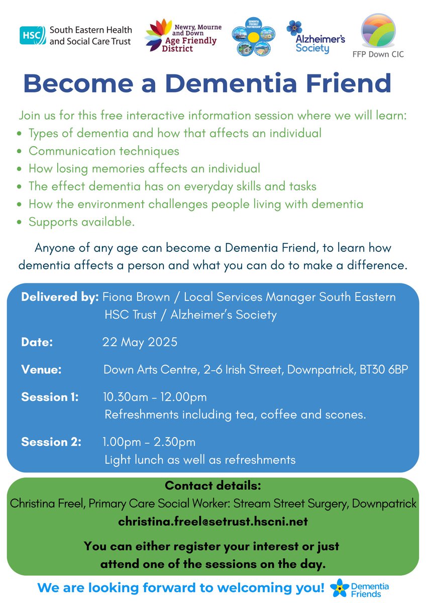 Want to make a difference for people living with Dementia? 

Become a Dementia Friend and learn about memory loss, everyday challenges and how to support those living with Dementia.

🗓️ 22 May
📍 Down Arts Centre, Downpatrick
🕐 10:30am –12pm or 1pm–2:30pm