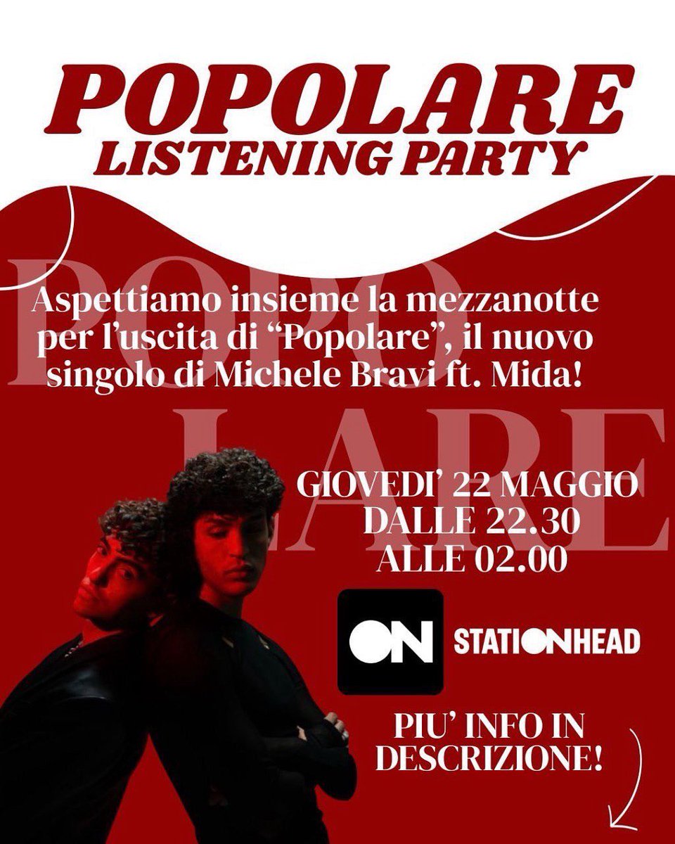 elisascrivecose's tweet image. Giovedì 22 maggio dalle 22.30 alle 2 verrà aperta una station su Stationhead per l’uscita di Popolare,il nuovo singolo di Michele Bravi in collaborazione con Mida.
‼️SCRIVI NEI COMMENTI SE POTRAI PARTECIPARE‼️ 
—
#michelebravi #mida #popolare