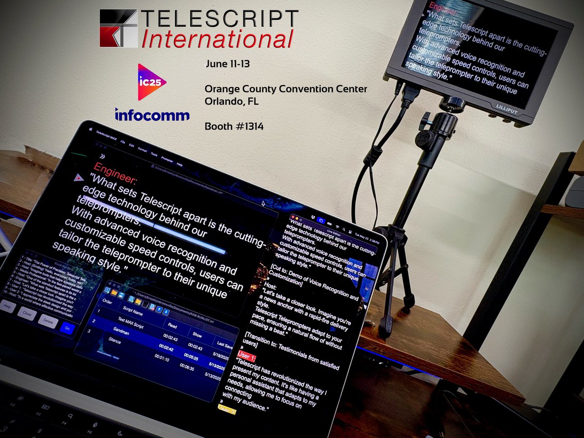Want to see how all of the great upgrades to TelescriptMAX work in person? Some see it in action at Infocomm in Orlando at booth #1314, June 11-13!

#infocomm #telescript #telescriptmax #teleprompter #prompting