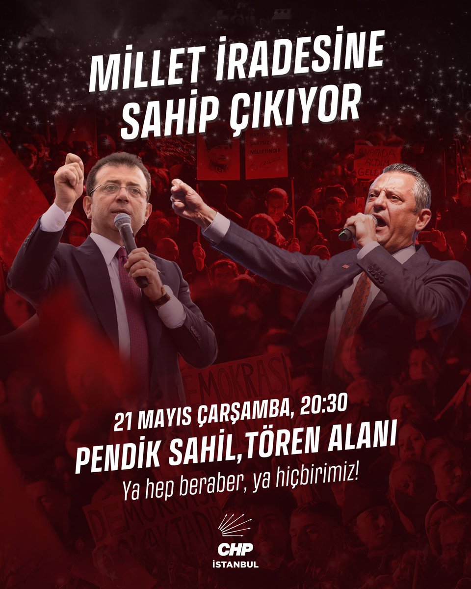 Adaletsizliğe, hukuksuzluğa, haksızlığa karşı Genel Başkanımız Sayın Özgür Özel öncülüğünde Pendik Sahili Atatürk Anıtı’nda buluşuyoruz.

Cumhurbaşkanı Adayımız Ekrem İmamoğlu özgürlüğüne kavuşana dek meydanlardayız.

Mutlaka kazanacağız!

🗓️ 21 Mayıs Çarşamba
🕣20.30 
📍Pendik