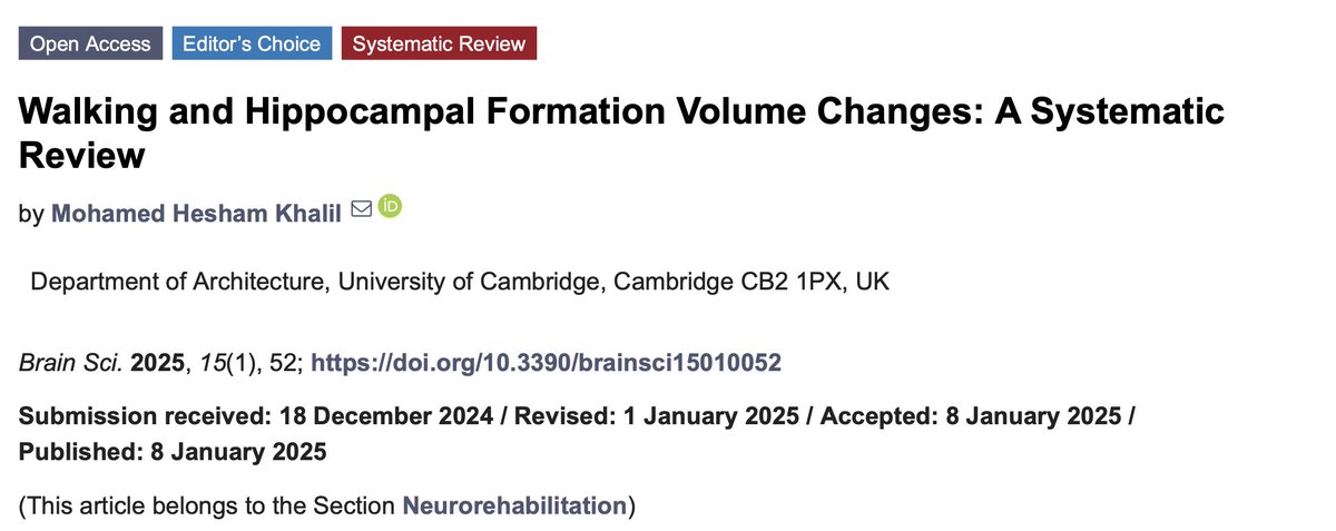 Mohamed Hesham Khalil (@mohamedheshamk) on Twitter photo Editor's choice -> My recent systematic review on how can walking increase the hippocampus volume <a href="/BrainSci_MDPI/">Brain Sciences MDPI</a> <a href="/MDPIOpenAccess/">MDPI</a> <a href="/Cambridge_Uni/">Cambridge University</a>
mdpi.com/2076-3425/15/1…
#walking #brainhealth #physicalactivity #exercise Editor's choice -> My recent systematic review on how can walking increase the hippocampus volume <a href="/BrainSci_MDPI/">Brain Sciences MDPI</a> <a href="/MDPIOpenAccess/">MDPI</a> <a href="/Cambridge_Uni/">Cambridge University</a>
mdpi.com/2076-3425/15/1…
#walking #brainhealth #physicalactivity #exercise