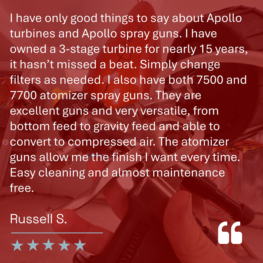 ApolloSprayers's tweet image. 15 years of performance—and still going strong. Russell S. shares his experience with our 3-stage turbine and 7500/7700 atomizer spray guns: “Easy cleaning and almost maintenance free.” That’s the Apollo standard—versatile, dependable, and built to last. ⭐⭐⭐⭐⭐