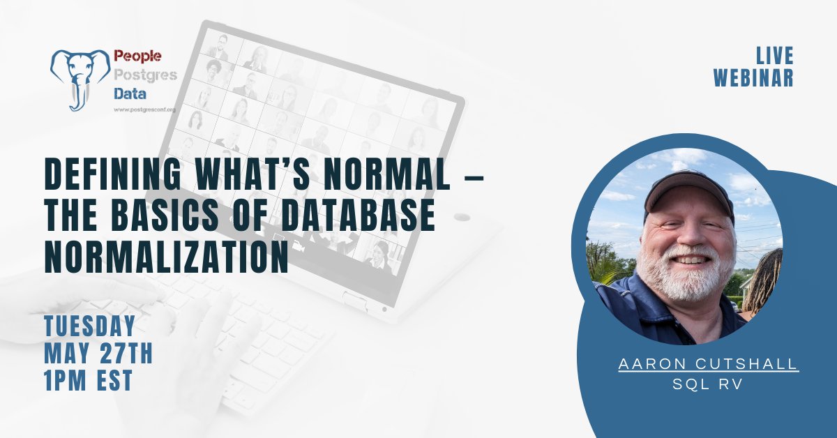 PostgresWorld (@postgresworld) on Twitter photo Join us May 27 at 1 PM EDT as Dr. Aaron Cutshall <a href="/sqlrv/">Aaron N. Cutshall</a> breaks down normalization and when to break the rules.
Register now: postgresconf.org/conferences/20…
#SQL #RDBMS #DBA Join us May 27 at 1 PM EDT as Dr. Aaron Cutshall <a href="/sqlrv/">Aaron N. Cutshall</a> breaks down normalization and when to break the rules.
Register now: postgresconf.org/conferences/20…
#SQL #RDBMS #DBA