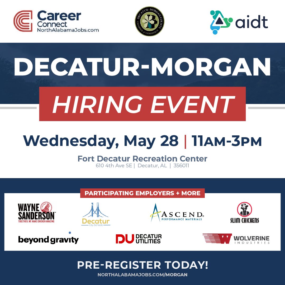 📢 Attention Job Seekers! The Chamber invites you to our #HiringEvent on Wednesday, May 28 from 11 a.m. – 3 p.m. at the Fort Decatur Recreation Center. 

✅ Connect with 15 employers
✅ Explore exciting job opportunities
✅ Pre-register now at northalabamajobs.com/Morgan