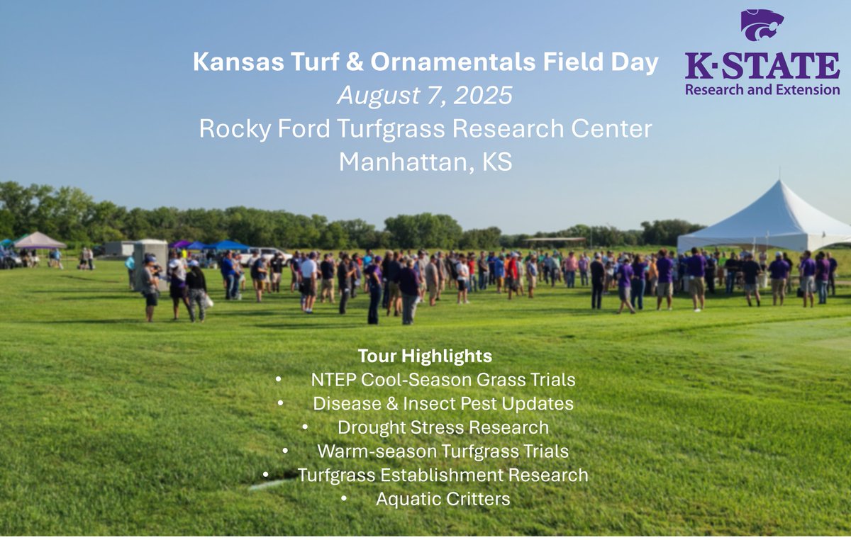 Ross Braun (@ross_braun) on Twitter photo Kansas Turf & Ornamentals Field Day at Rocky Ford Research Center in Manhattan on Thursday, August 7, 2025. More information here kansasturfgrassfoundation.com
<a href="/KSUTURF/">K-State's Turf and Landscape Management Team</a> <a href="/KStateRE/">K-State Research and Extension</a> <a href="/KStateHNR/">K-State HNR</a> <a href="/KStateEntom/">K-State Department of Entomology</a> <a href="/KState/">K-State</a> Kansas Turf & Ornamentals Field Day at Rocky Ford Research Center in Manhattan on Thursday, August 7, 2025. More information here kansasturfgrassfoundation.com
<a href="/KSUTURF/">K-State's Turf and Landscape Management Team</a> <a href="/KStateRE/">K-State Research and Extension</a> <a href="/KStateHNR/">K-State HNR</a> <a href="/KStateEntom/">K-State Department of Entomology</a> <a href="/KState/">K-State</a>