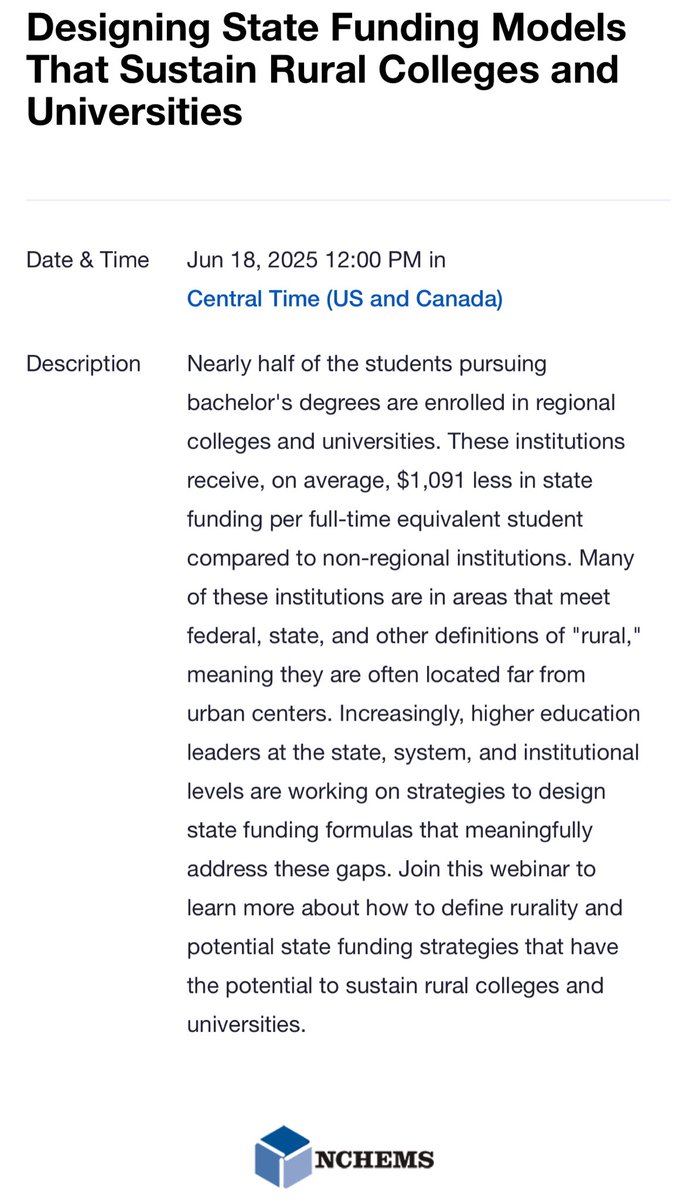 Join this webinar to learn more about how to define rurality and potential state funding strategies that have the potential to sustain rural colleges and universities. 

6/18/25, 12pm CT sponsored by <a href="/nchemstweets/">NCHEMS</a> 

us02web.zoom.us/webinar/regist…