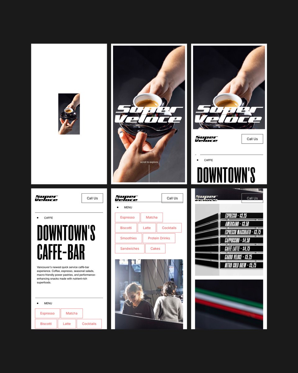 arjunxxrangi's tweet photo. Stills from the concept landing page design for Super Veloce - a coffee house. #superveloce #webdev #framer #kitchentablegroup https://t.co/x49rNzhhuY