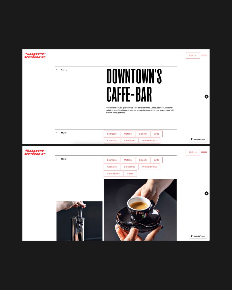 arjunxxrangi's tweet photo. Stills from the concept landing page design for Super Veloce - a coffee house. #superveloce #webdev #framer #kitchentablegroup https://t.co/x49rNzhhuY