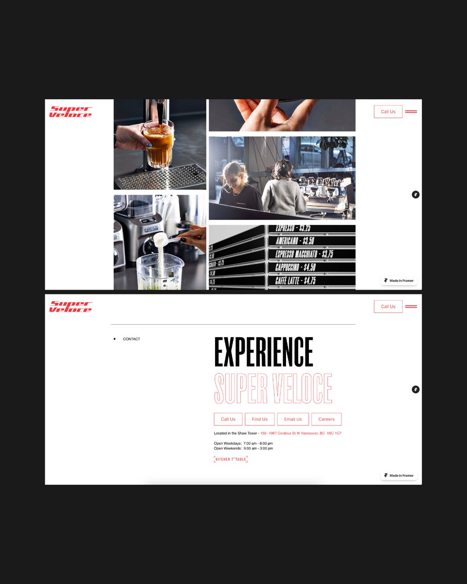 arjunxxrangi's tweet photo. Stills from the concept landing page design for Super Veloce - a coffee house. #superveloce #webdev #framer #kitchentablegroup https://t.co/x49rNzhhuY