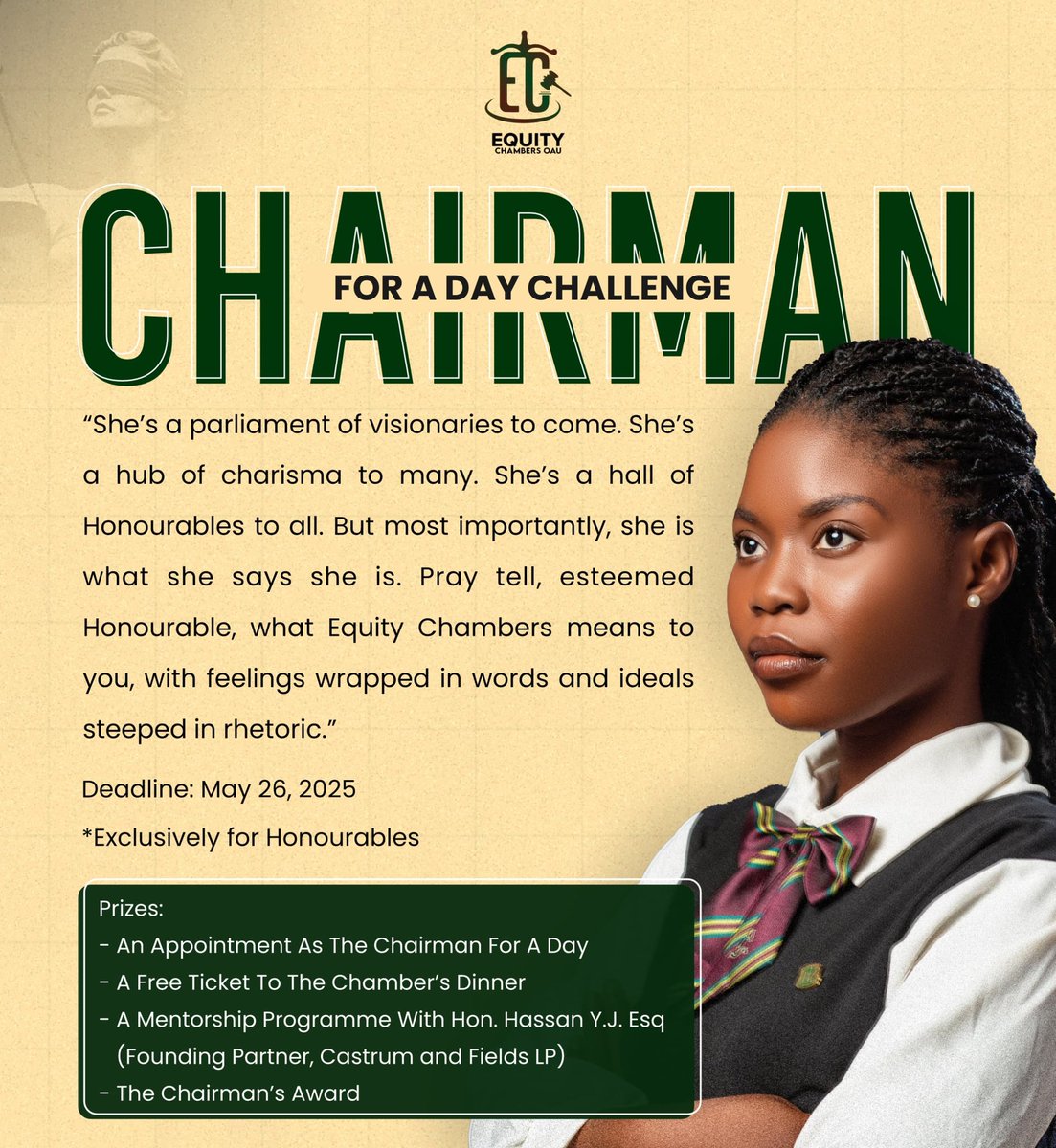 Step into the Seat of Authority ✨ 

Become the Chairman of the Quintessential Equity Chambers for a Day. 

Lead with vision, and shape the future with bold decisions. Will you rise to the challenge and leave a lasting legacy?🌟 Join the challenge and show your leadership prowess