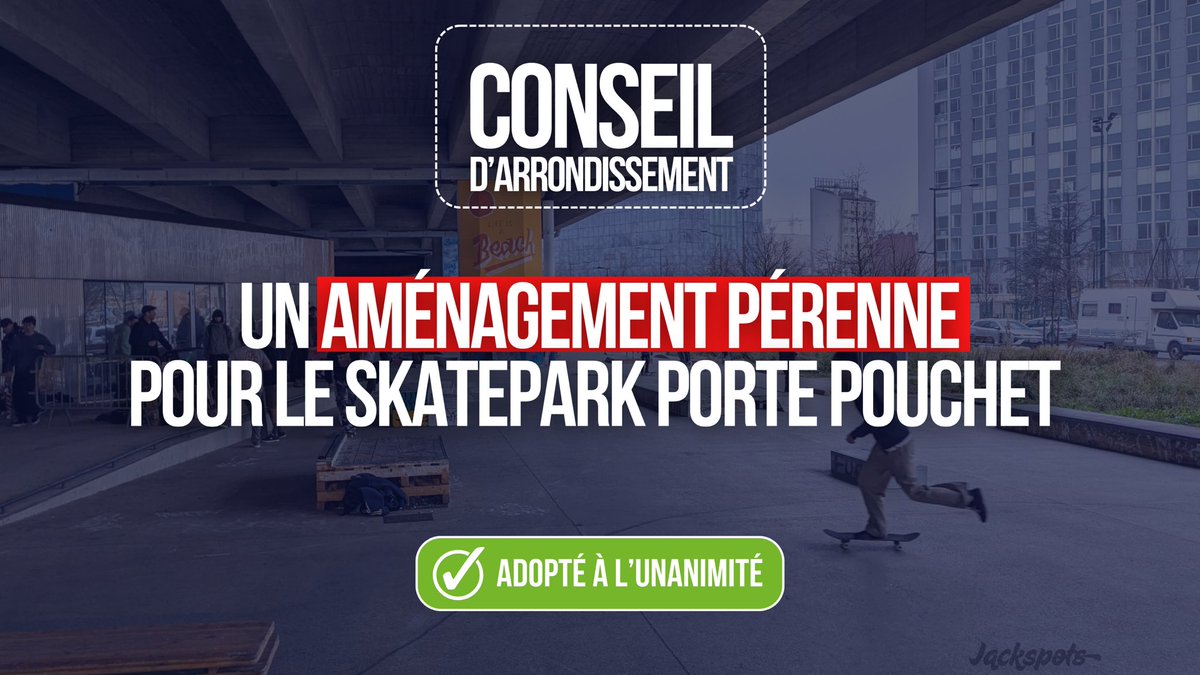 🛹 Skate-park Porte Pouchet #Paris17 : un équipement pour les jeunes, un projet de quartier.

📍Concerté, financé, prêt à être lancé
🗳️ Vœu voté à l’unanimité ce soir pour demander à la Ville de Paris de passer à l’action ✅

#Sport #Jeunesse