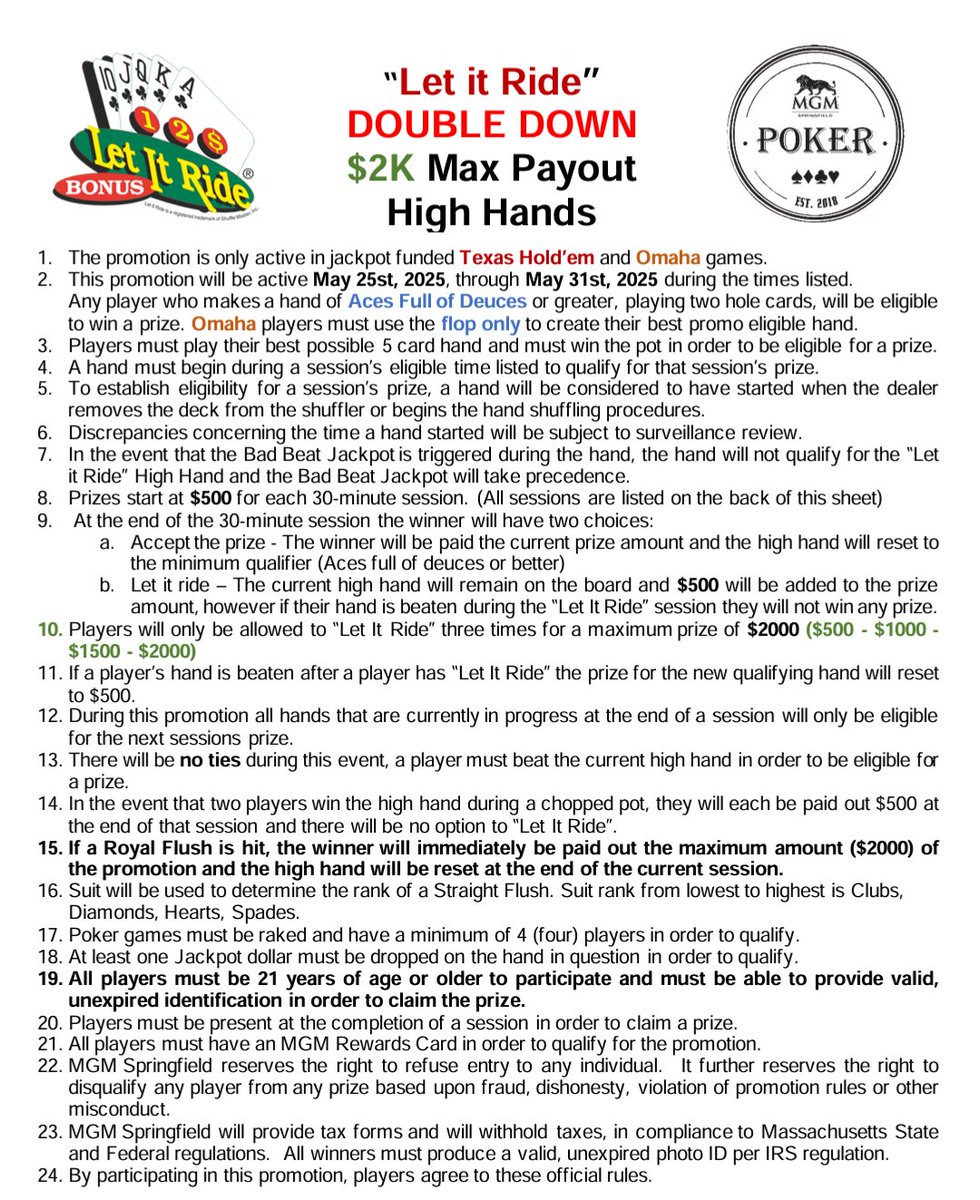 MGM Springfield Poker (@mgmspoker) on Twitter photo For the entire final week of May we are doubling our Let It Ride payouts every day!!! No reason not to be <a href="/MGMSPoker/">MGM Springfield Poker</a> ! For the entire final week of May we are doubling our Let It Ride payouts every day!!! No reason not to be <a href="/MGMSPoker/">MGM Springfield Poker</a> !