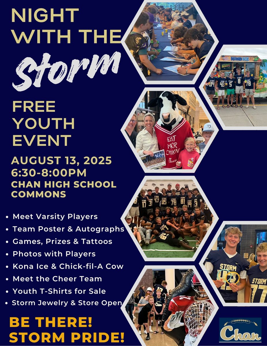 Chan Storm GridIron (@chanstormgi) on Twitter photo Storm Football is excited to kick off the 2025 season this August. All are welcome to this free night of community building and fun!
Night With The Storm is held inside the Chanhassen High School Commons
Wednesday, August 13th
6:30-8:00pm <a href="/chanstormfb/">Storm Football</a> Storm Football is excited to kick off the 2025 season this August. All are welcome to this free night of community building and fun!
Night With The Storm is held inside the Chanhassen High School Commons
Wednesday, August 13th
6:30-8:00pm <a href="/chanstormfb/">Storm Football</a>