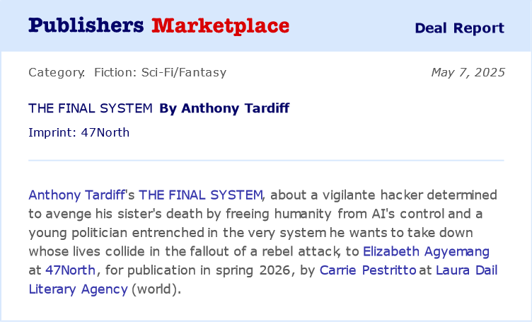 AnthonyTardiff's tweet photo. For anyone who is, like me, sad we can’t actually read @andyweirauthor’s “The Last Algorithm,” which showed up on the AI-hallucinated summer reading list printed by the Chicago Sun Times . . . check back next year when my “The Final System” comes out! 😂 https://t.co/XcTcogaiat