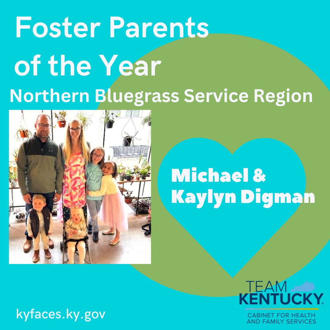 Thank you, Michael and Kaylyn Digman, the Northern Bluegrass Service Region's Foster Parents of the Year! Discover how you can open your heart and home by becoming a foster parent by visiting kyfaces.ky.gov or calling  1-800-232-5437. #TeamKentucky