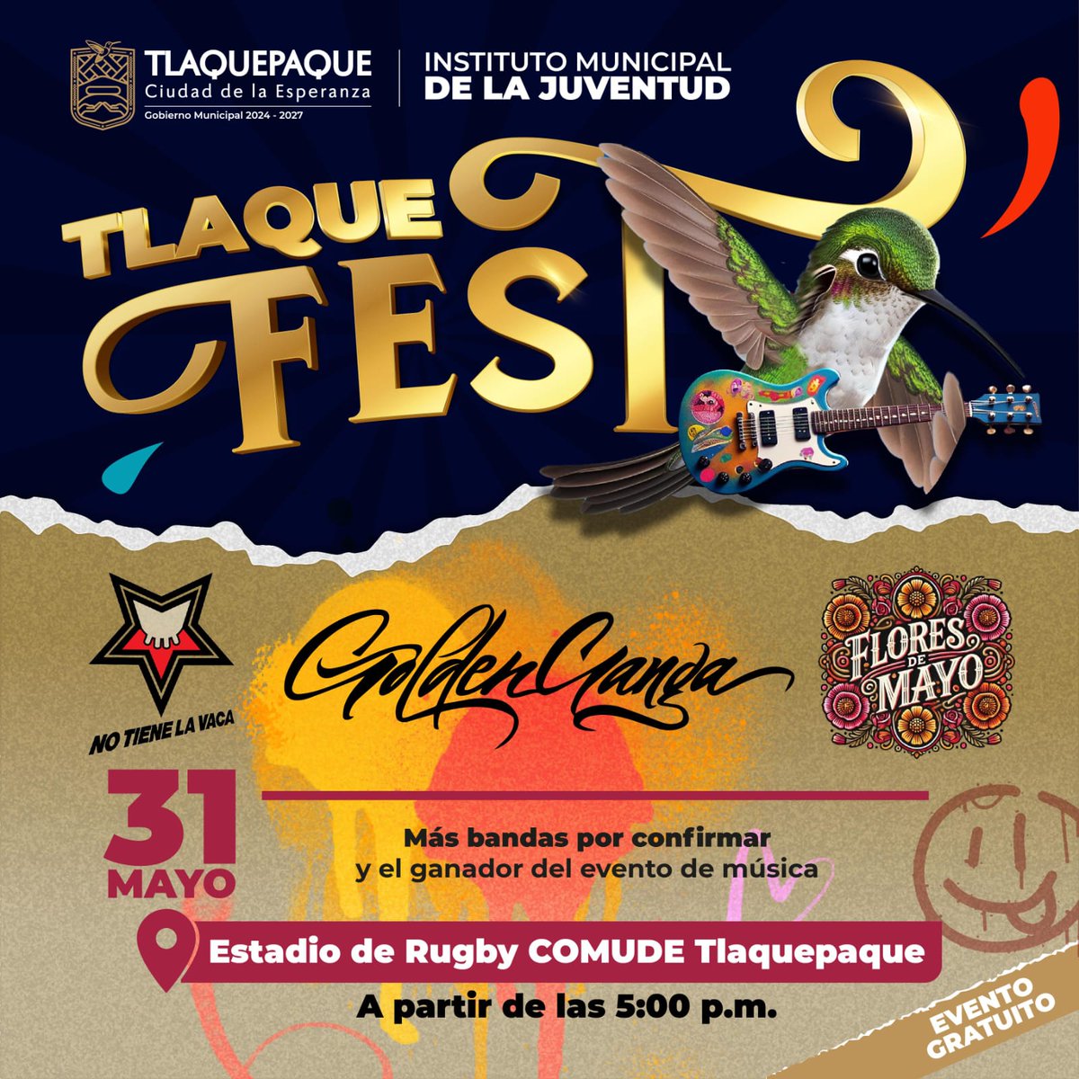 ImpactoJalisco's tweet photo. Tlaque Fest 2025 llega este 31 de mayo a San Pedro Tlaquepaque como un espacio de encuentro para la juventud, con música en vivo, cultura, gastronomía y diversión. Desde las 15:00 h podrás ingresar al evento, que arranca oficialmente a las 17:00 h. @GobTlaquepaque https://t.co/Zm7m2MMRDX