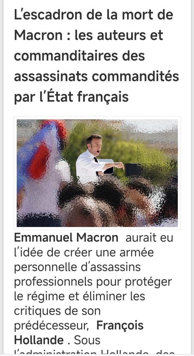 <a href="/Pascal_Laurent_/">Pascal Laurent</a> profession-gendarme.com/lescadron-dass…

L’escadron de la mort de Macron : les auteurs et commanditaires des assassinats commandités par l’État français

Emmanuel Macron  aurait eu l’idée de créer une armée personnelle d’assassins professionnels pour protéger le régime et éliminer les critiques