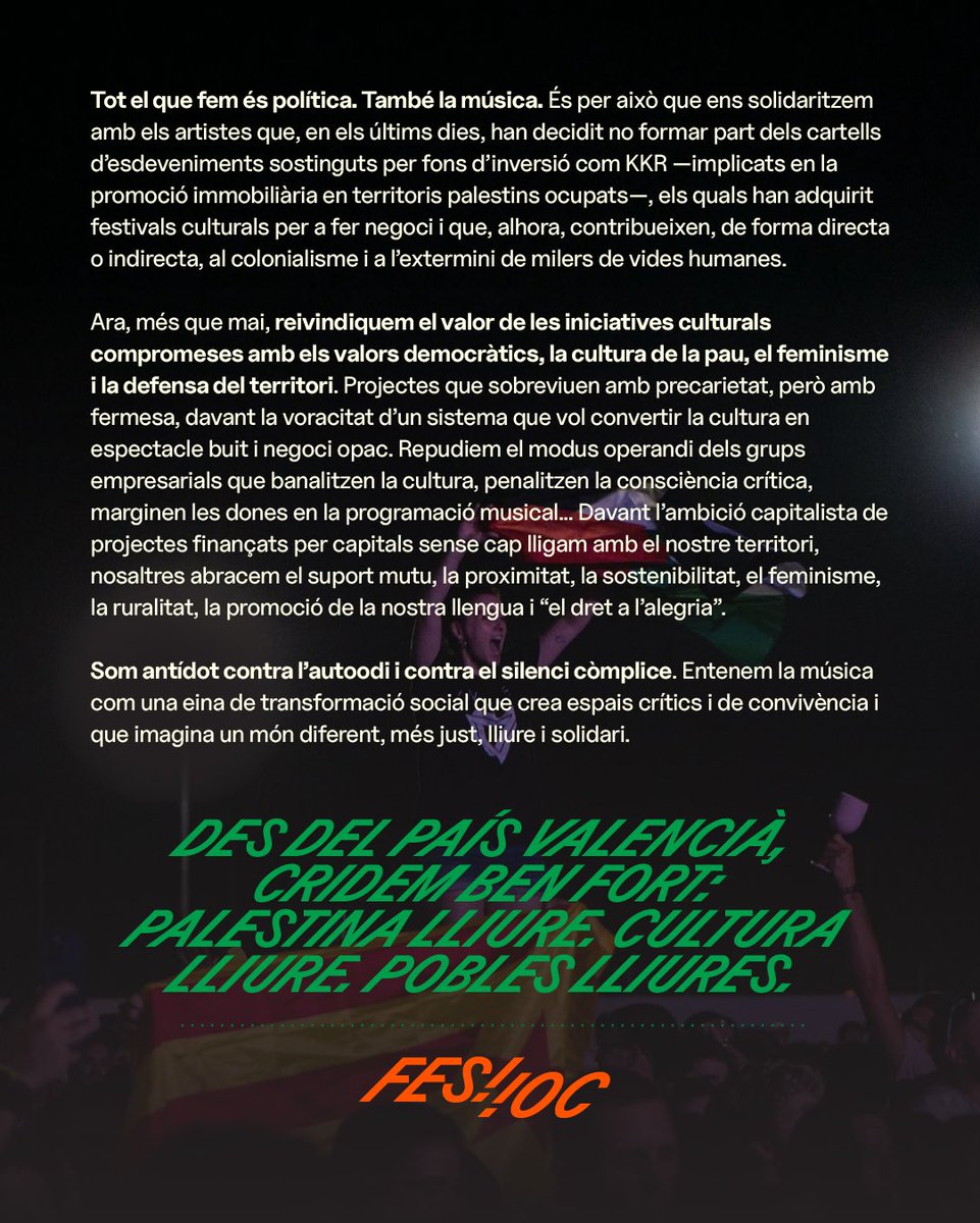 💛 Comunicat oficial del #Feslloc

Davant el #genocidi a Palestina i la mercantilització de la cultura, alcem la veu amb un comunicat que parla clar: música per a la vida, no per a legitimar la guerra i l’extermini dels pobles.

 #Palestinalliure #Culturalliure #Pobleslliures