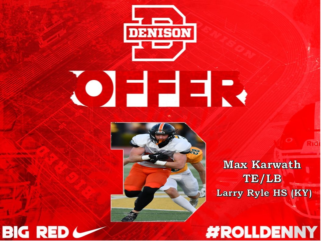 Max Karwath (@maxkarwath) on Twitter photo After an amazing conversation with <a href="/coachhatem/">Jack Hatem</a> I am blessed to receive an offer from <a href="/DUFootball/">Denison Football</a>!!! Go Big Red!! 🔴⚪️
#RollDenny
<a href="/coachjo51/">Jovon Johnson</a> <a href="/CoachKJarrett/">Kaleb Jarrett</a> <a href="/Ryle_Football/">Coach Mike Engler</a> <a href="/RAIDERSPORTSNKY/">Raider Sports Network</a> <a href="/CoachWare15/">Ryan Ware</a> <a href="/cjtank74/">Josh Tackett</a> After an amazing conversation with <a href="/coachhatem/">Jack Hatem</a> I am blessed to receive an offer from <a href="/DUFootball/">Denison Football</a>!!! Go Big Red!! 🔴⚪️
#RollDenny
<a href="/coachjo51/">Jovon Johnson</a> <a href="/CoachKJarrett/">Kaleb Jarrett</a> <a href="/Ryle_Football/">Coach Mike Engler</a> <a href="/RAIDERSPORTSNKY/">Raider Sports Network</a> <a href="/CoachWare15/">Ryan Ware</a> <a href="/cjtank74/">Josh Tackett</a>