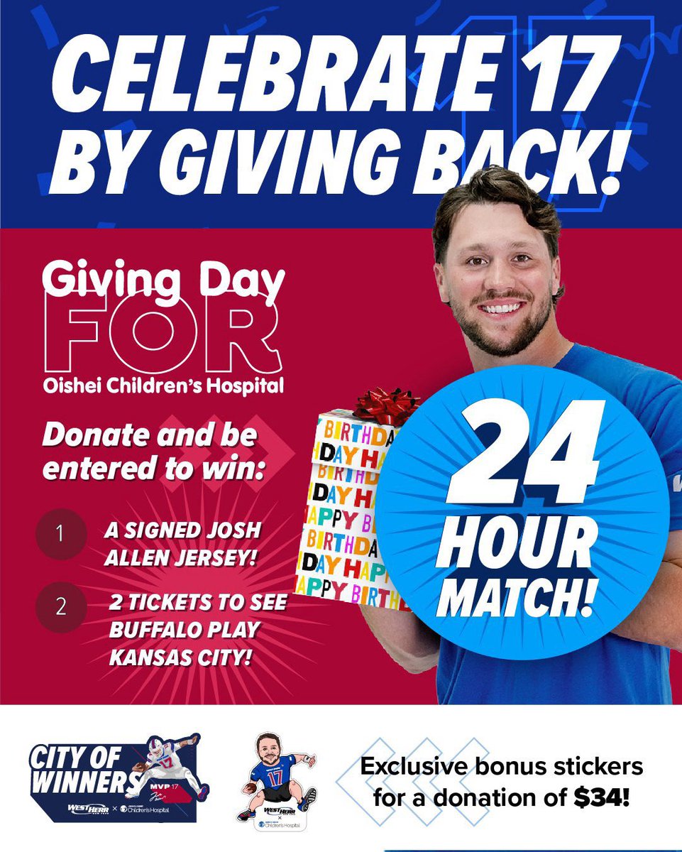 West Herr Auto Group (@westherr) on Twitter photo 🚨 Last Chance Alert 🚨
We have once again teamed up with <a href="/OCHBuffalo/">Oishei Children's Hospital</a> to celebrate <a href="/JoshAllenQB/">Josh Allen</a>’s birthday by giving back to his favorite charity 🎂🥳
This year, when you donate through our link, you'll be entered to win an autographed Josh Allen jersey OR two tickets to see 🚨 Last Chance Alert 🚨
We have once again teamed up with <a href="/OCHBuffalo/">Oishei Children's Hospital</a> to celebrate <a href="/JoshAllenQB/">Josh Allen</a>’s birthday by giving back to his favorite charity 🎂🥳
This year, when you donate through our link, you'll be entered to win an autographed Josh Allen jersey OR two tickets to see