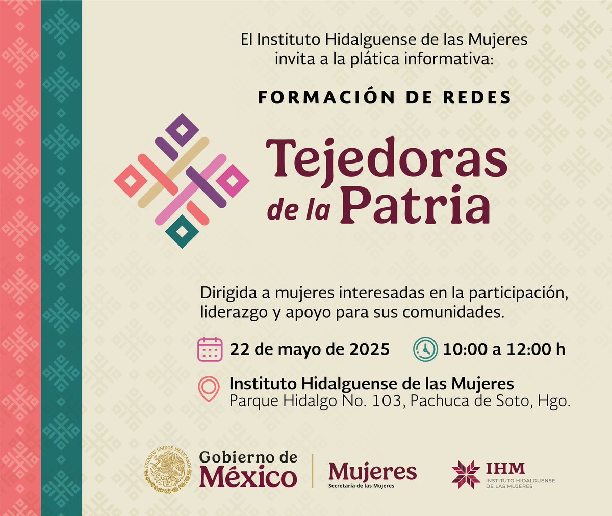 Instituto Hidalguense de las Mujeres (@mujerhidalgo) on Twitter photo 📢¿Te interesa el liderazgo, la participación activa y el impulso a tu comunidad?
El IHM te invita a la plática informativa “Formación de Redes #TejedorasDeLaPatria”.
👉 Regístrate aquí: forms.gle/Phj5FBKVVWitvA…
<a href="/mujeresgobmx/">Secretaría de las Mujeres</a> <a href="/gobiernohidalgo/">Gobierno Hidalgo</a> <a href="/juliomenchaca_/">Julio Menchaca</a> <a href="/KatyaG_HdezP/">Katya Hernández Pérez</a> 📢¿Te interesa el liderazgo, la participación activa y el impulso a tu comunidad?
El IHM te invita a la plática informativa “Formación de Redes #TejedorasDeLaPatria”.
👉 Regístrate aquí: forms.gle/Phj5FBKVVWitvA…
<a href="/mujeresgobmx/">Secretaría de las Mujeres</a> <a href="/gobiernohidalgo/">Gobierno Hidalgo</a> <a href="/juliomenchaca_/">Julio Menchaca</a> <a href="/KatyaG_HdezP/">Katya Hernández Pérez</a>
