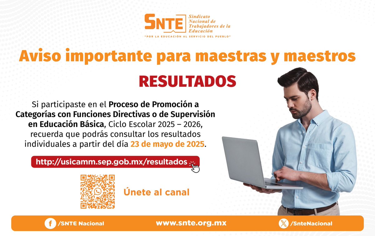 📣¡Aviso importante! 

👩🏻‍🏫👨🏻‍🏫 Los resultados del Proceso de Promoción a Categorías con Funciones Directivas o de Supervisión en Educación Básica, ciclo 2025-2026, estarán disponibles el #23deMayo. 
Consulta información 👉 usicamm.sep.gob.mx/resultados
