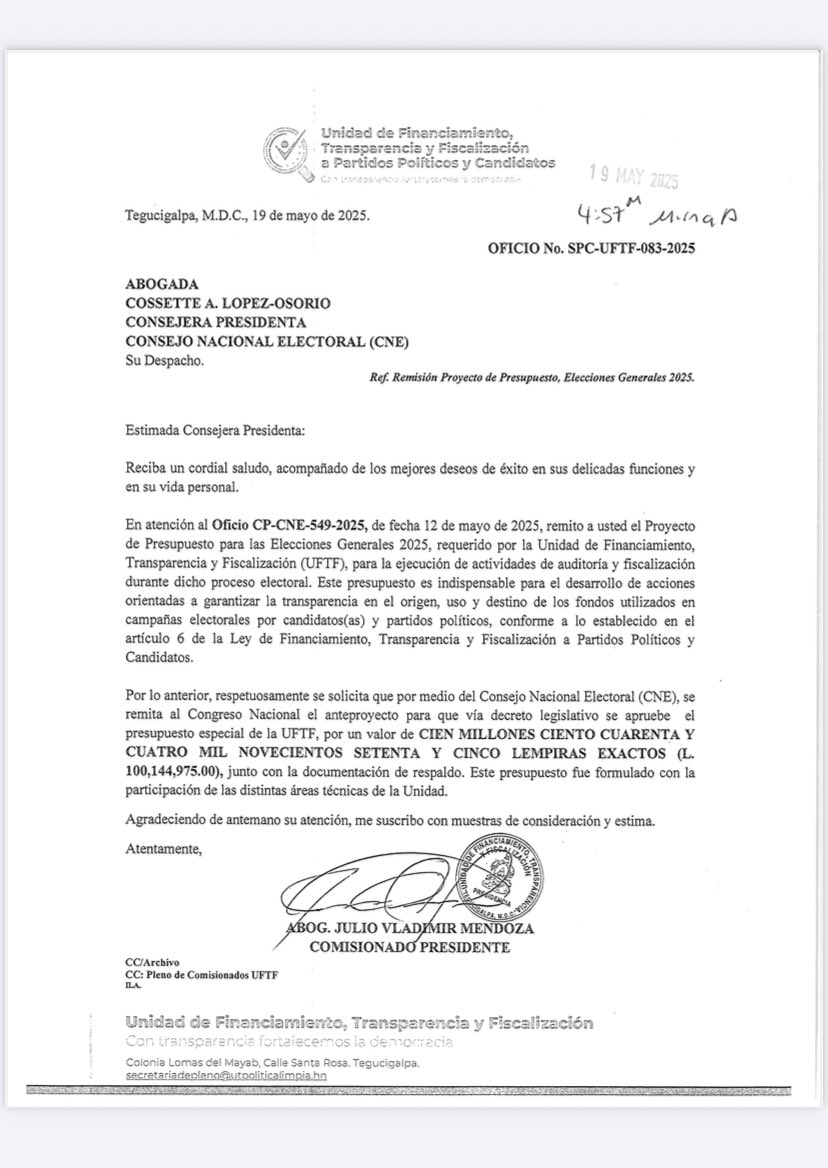 La UFTF ha cumplido en tiempo y forma, remitiendo al CNE  su proyecto de presupuesto especial para fiscalizar a los Sujetos Obligados que participarán en las Elecciones Generales 2025.