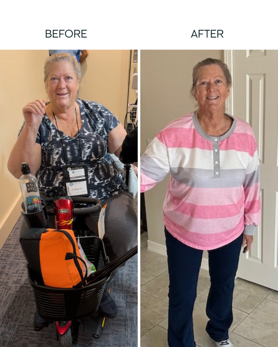 PritikinCenter's tweet photo. Pam came to Pritikin in Jan 2024 at 280 lbs, using a scooter/walker. With our support and guidance from Martha Theran, our registered dietitian and functional nutrition specialist, she’s now 210 lbs, walking on her own, and down from size 22 to 14. We’re cheering her! https://t.co/6SEw3ytij0