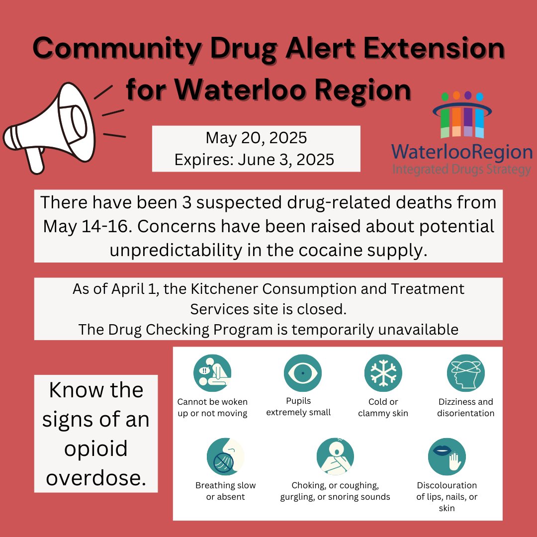 Community Drug Alert Extension for #WaterlooRegion.

From May 14-16 there have been 3 suspected drug-related deaths.

Concerns have been raised about potential unpredictability in the cocaine supply.

Full alert can be found at linktr.ee/WRIDS or tinyurl.com/bdfztnnv