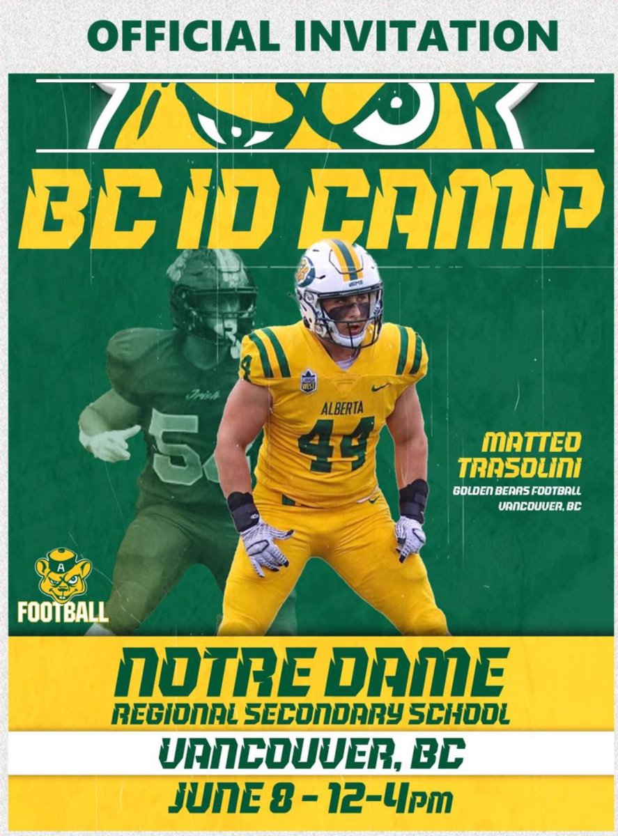 Thank you <a href="/saintjordan21/">Jordan Liberman</a> for the personal invitation to the <a href="/UABearsFootball/">University of Alberta Football</a> ID camp in June!