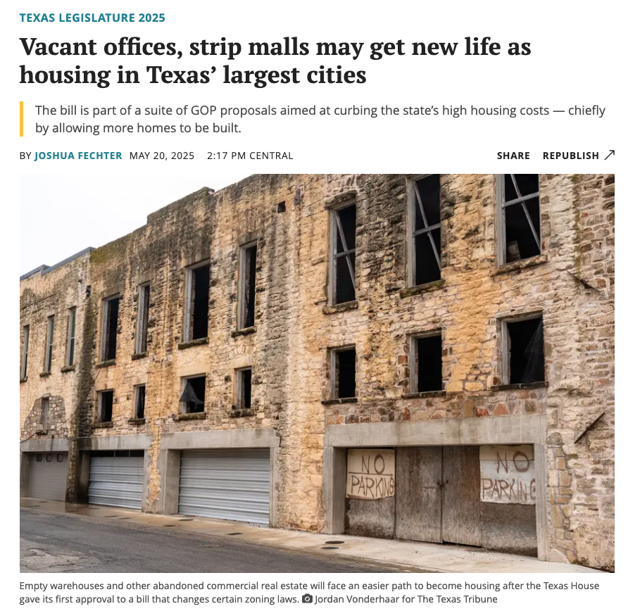 Joshua Fechter | @joshuafechter.bsky.social (@joshuafechter) on Twitter photo NEW: Empty offices, vacant strip malls & warehouses could help solve Texas’ housing affordability crisis under a bill state lawmakers advanced Tuesday
The bill is part of a suite of GOP bills aimed at tackling Texas' high housing costs
<a href="/TexasTribune/">Texas Tribune</a> #txlege NEW: Empty offices, vacant strip malls & warehouses could help solve Texas’ housing affordability crisis under a bill state lawmakers advanced Tuesday
The bill is part of a suite of GOP bills aimed at tackling Texas' high housing costs
<a href="/TexasTribune/">Texas Tribune</a> #txlege