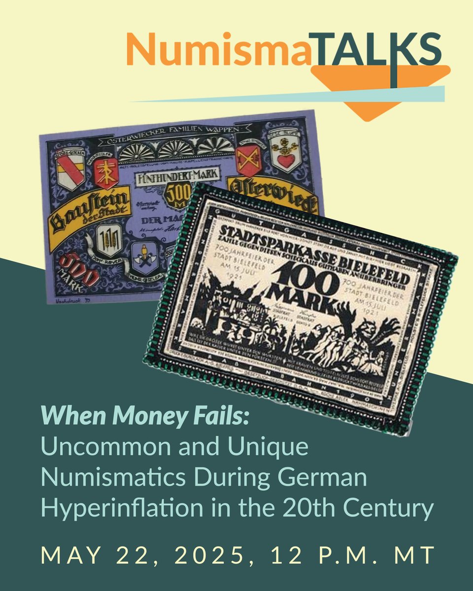 ANACoins's tweet image. #NumismaTalks | May 22, 12pm MT When Money Fails: Unique #Numismatics During German Hyperinflation 

 Speaker: Alexander Blough, ANA member &amp;amp; European historian
🔗 Learn more/register: bit.ly/45itP7a

#Coins #Hyperinflation #WeimarRepublic #Money #History