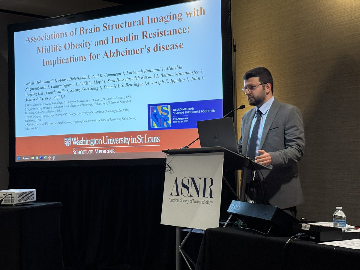 Grateful for the opportunity to present our work from Raji brain health lab at <a href="/TheASNR/">The American Society of Neuroradiology</a> 2025!

Midlife obesity and insulin resistance interact to shape brain health via:
↓ Posterior cingulate volume
↓ Temporal pole thickness
↑ Inferior temporal amyloid
↑ Total brain amyloid