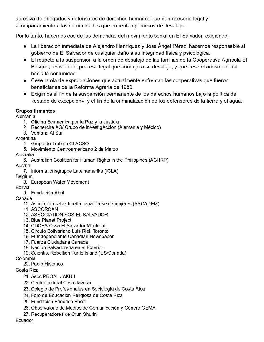 #ElSalvador | 114 organizaciones de 21 países, incluyendo regionales, publican una carta abierta a la Fiscalía para exigir la liberación de José Ángel Pérez, presidente de la Cooperativa El Bosque, y el abogado ambientalista Alejandro Henríquez, detenidos desde el 12 de mayo.