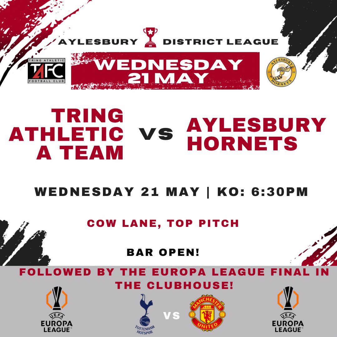 Tring Athletic FC (@tringathletic) on Twitter photo Itโs <a href="/TAFCZebras/">Tring Athletic A</a> last match of the season tomorrow against Aylesbury Hornets, come down to Cow Lane, Top pitch and show your support! KO is at 6:30pm โฝ๏ธ
We are also showing the Europa League final after the match in the clubhouse!
Entry is FREE and the bar is open! ๐ป
#TAFC Itโs <a href="/TAFCZebras/">Tring Athletic A</a> last match of the season tomorrow against Aylesbury Hornets, come down to Cow Lane, Top pitch and show your support! KO is at 6:30pm โฝ๏ธ
We are also showing the Europa League final after the match in the clubhouse!
Entry is FREE and the bar is open! ๐ป
#TAFC