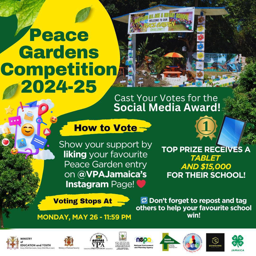 Go over to our Instagram page @vpajamaica and vote for the school who you think should get the Social Media award in our Trees for Peace Competition. 
<a href="/blackriverhigh/">Black River High</a>
<a href="/NonsuchPrimary/">Nonsuch Primary</a> 
<a href="/PinnacleAcadEdu/">Pinnacle Academy</a> 
<a href="/Newforesthigh/">New Forest High</a> 
<a href="/MarylandPrimary/">Maryland Primary School</a> 
<a href="/KingstonHigh/">Kingston Academy</a>