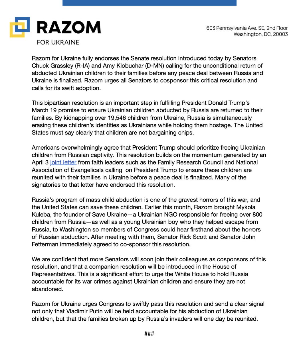 Razom for Ukraine 🇺🇸🤝🇺🇦 (@razomforukraine) on Twitter photo NEW 🚨 <a href="/ChuckGrassley/">Chuck Grassley</a> and <a href="/amyklobuchar/">Amy Klobuchar</a> are leading a bipartisan resolution calling for the release of all Ukrainian children abducted by Russia before a peace deal is finalized. Razom fully endorses this resolution. See our statement below 👇 NEW 🚨 <a href="/ChuckGrassley/">Chuck Grassley</a> and <a href="/amyklobuchar/">Amy Klobuchar</a> are leading a bipartisan resolution calling for the release of all Ukrainian children abducted by Russia before a peace deal is finalized. Razom fully endorses this resolution. See our statement below 👇
