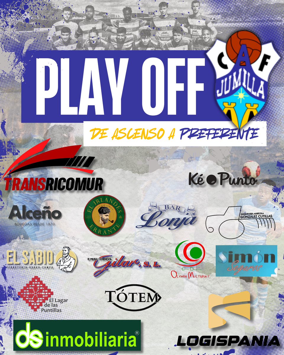 🙌⚽️ Este domingo vamos a montar una auténtica fiesta para el primer partido de playoff.

🙏 Estas son las empresas que nos han ayudado con todo lo que os vamos a ir contando de aquí al partido. 

⏳ Se viene tarde épica en el Uva Monastrell.

#JumillaTransricomur #JumillaACF