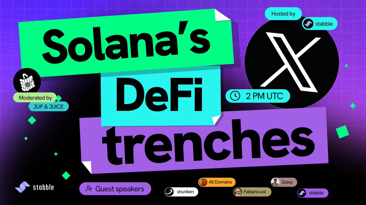 “Solana’s DeFi Trenches” goes live tomorrow at 2 PM UTC!

We’re diving into how it really is building and creating on Solana from a creator, buildooor, and DAO perspective.

Hosted by us, moderated by <a href="/JUPANDJUICE/">JUP AND JUICE🧃</a>.

Don’t sleep on this: x.com/i/spaces/1mrGm…