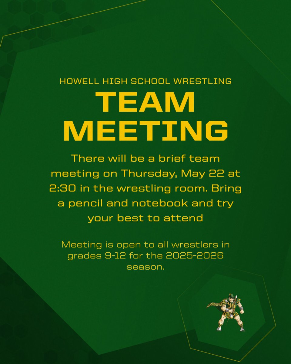 Team Meeting this Thursday after school in the wrestling room. See you there!