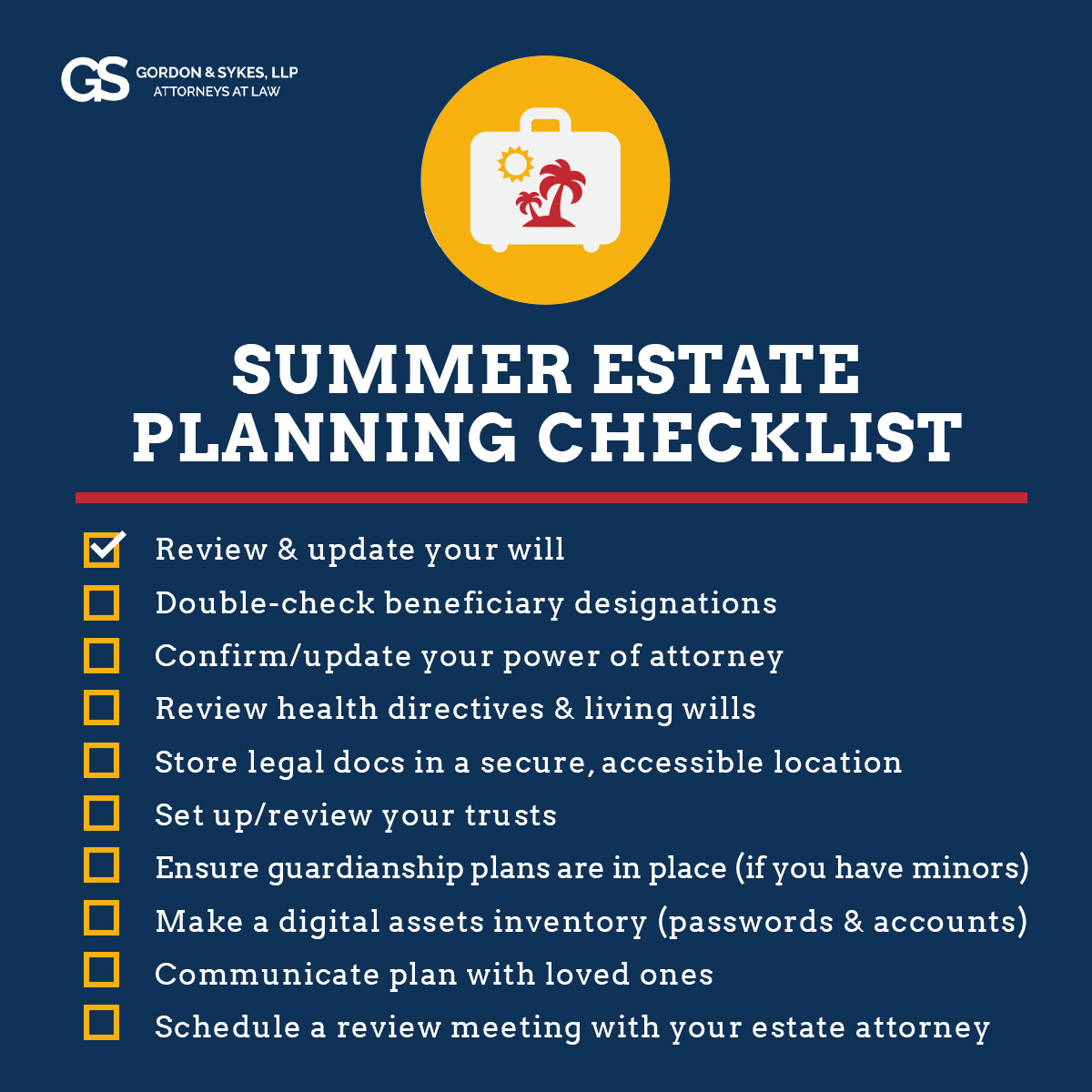 GordonSykesLLP's tweet photo. ✈️ Summer Travel? Don’t Forget Your Estate Plan.

✅ Use our Summer Estate Planning Checklist to get started.
📩 Need help? The Gordon &amp; Sykes team is here when you're ready.

#EstatePlanning #SummerChecklist #LegacyPlanning #GordonAndSykes #PlanAhead #PeaceOfMind https://t.co/ZZnFPxLNRz