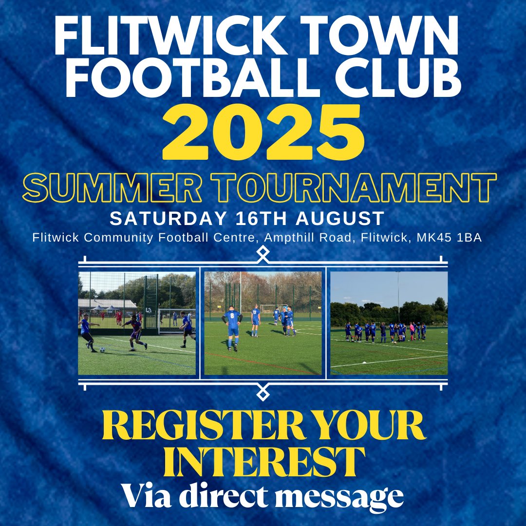 Get involved in our Summer Tournament‼️

DM to register your interest 💬

7️⃣ a side matches
🔟 players per squad
💯 pound entry for each team
🏟️ Flitwick Community Football Centre 
🍻 Bar open and refreshments available
📆 16th August