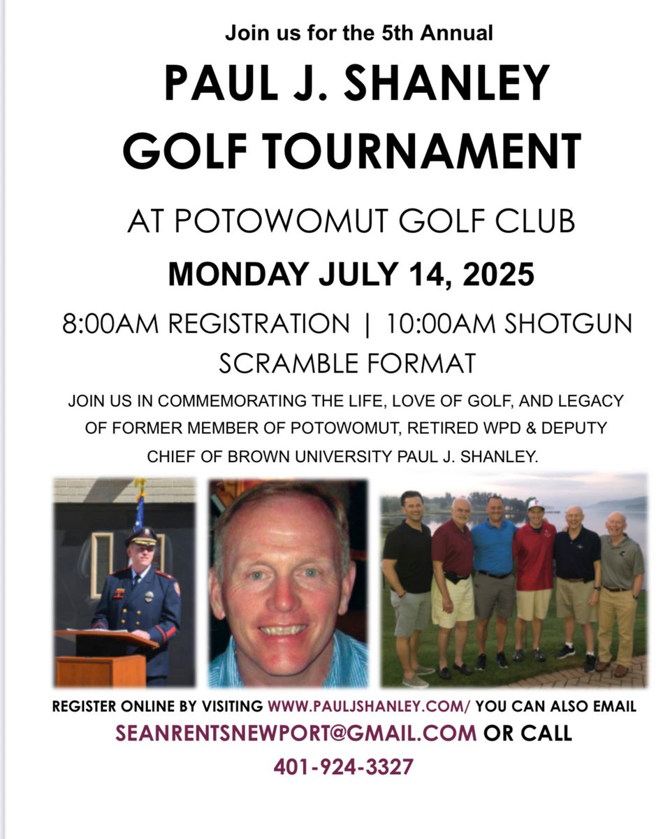 Registration is officially open for the 5th annual Paul J. Shanley Golf Tournament at Potowomut Country Club at pauljshanley.com 

If you don’t golf, please consider sponsoring a tee sign or making a donation to PJS Charitable Events.