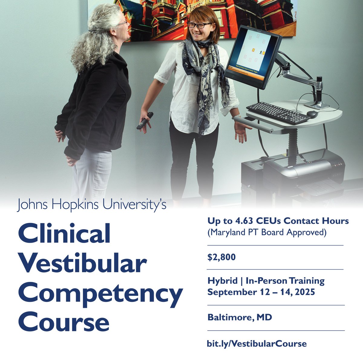 Johns Hopkins PM&R (@rehabhopkins) on Twitter photo Interest in #vestibular pathology and #rehabilitation? Register for the JHU Clinical Vestibular Competency Course this September!  
This hybrid course is designed for PTs & OTs, as well as any clinician interested in vestibular medicine.
Register🔗bit.ly/VestibularCour… Interest in #vestibular pathology and #rehabilitation? Register for the JHU Clinical Vestibular Competency Course this September!  
This hybrid course is designed for PTs & OTs, as well as any clinician interested in vestibular medicine.
Register🔗bit.ly/VestibularCour…