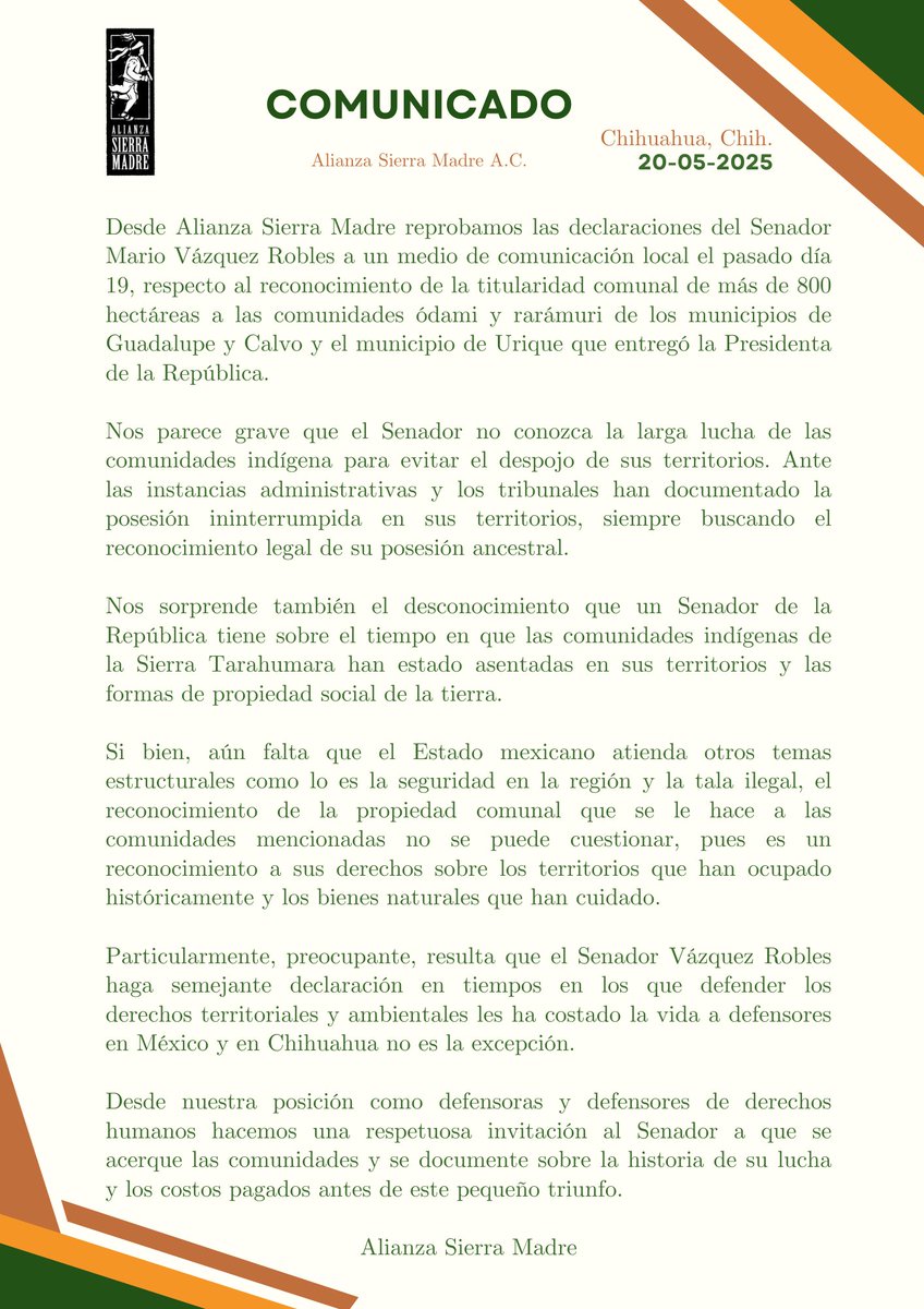 Desde nuestra posición como defensoras  de derechos humanos hacemos una respetuosa invitación al Senador Mario Vázquez Roles a que se acerque las comunidades y se documente sobre la  lucha de las comunidades. 
👉Leer más.. bit.ly/4k71Jk2
<a href="/Claudiashein/">Claudia Sheinbaum Pardo</a> <a href="/MaruCampos_G/">Maru Campos</a>